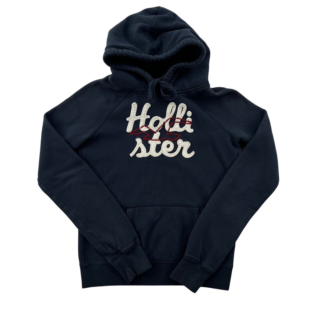 Hollister Womens Large Navy Blue Script Logo Pullover Hoodie Beach Surf Summer